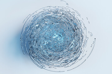 3d illustration of transparent water drops gathered in the shape of a round  on a light isolated...