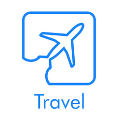 Fototapeta premium Logotipo con texto Travel y silueta de avión con trayectoria en cuadrado con lineas en color azul
