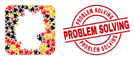 Germany geographic map mosaic in Germany flag official colors - red, yellow, black, and dirty Problem Solving red circle seal. Problem Solving seal uses vector lines and arcs.