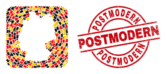 Germany map collage in Germany flag official colors - red, yellow, black, and textured Postmodern red round stamp. Postmodern stamp uses vector lines and arcs.
