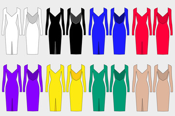 Collection of colored dresses. Dress patterns for sewing. Front and back views. Evening outfit. Casual, business dress. Vector illustration