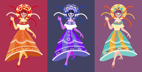 Calavera Catrina dancer - isolated vector, full body picture. Dia de Los Muertos, skeleton woman characters