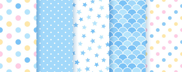 Seamless pastel pattern. Prints for scrapbook, baby shower, birth party. Blue baby boy backgrounds. Vector illustration. Cute textures with dots, stars and fish scale.