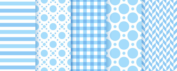 Seamless blue patterns. Textures for scrapbook, baby shower, birthday party. Baby boy pastel backgrounds. Cute packing paper prints. Vector illustration.