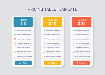 Price table plans. Comparison data template. Vector. Pricing chart grid. Spreadsheet page with 3 columns. Checklist compare tariff banner. Comparative spreadsheets with options. Simple illustration.