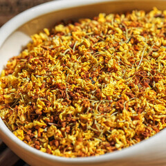 Bright, yellow osmanthus flowers for tea drinking in Tea presentation vessel