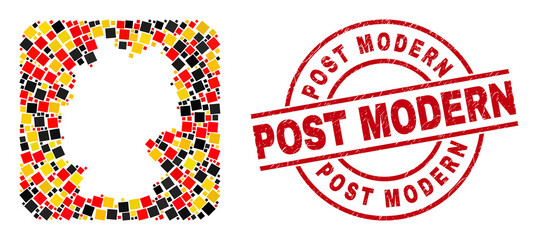Germany geographic map mosaic in Germany flag official colors - red, yellow, black, and grunge Post Modern red circle stamp print. Post Modern stamp uses vector lines and arcs.
