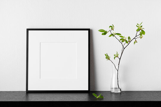 Frame mockup. Poster with plant in vase. Black square photo frame with passepartout.