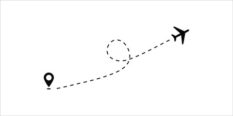 Plane track to point with dashed line way or air lines, airplane icon on white background