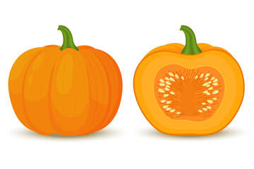 Pumpkin icons, whole and half with seeds inside. Vector illustration, flat cartoon style.
