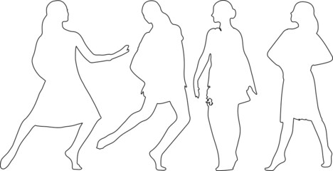 Set of dancing women standing and wearing dress, in various poses, cartoon character, people, business, group, vector silhouette, flat design icon, black color, isolated on white background 