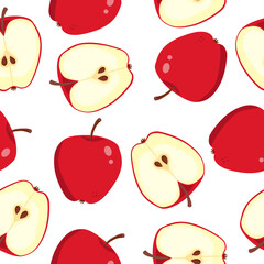 Seamless vector background with decorative apples. Seamless pattern with apples and leaves. Wallpaper, print, wrapping paper, fabric, modern textile design. Fruit Background. Vector illustration. 