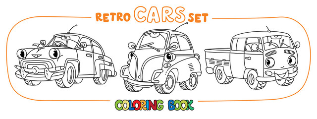 Fototapeta na wymiar Funny small retro cars with eyes coloring book set