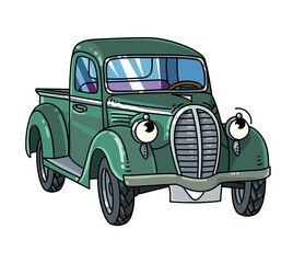 Funny small old green truck with eyes