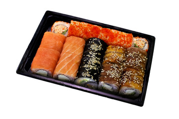 Jananese cuisine. Fish rolls from salmon, eel, tobiko and rice in delivery box. Asian fast food plastic container with sushi and rolls. Isolated on white background