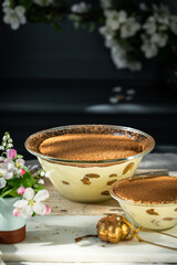 Two glass bowls with classic tiramisu dessert on wooden board on dark blue background.
