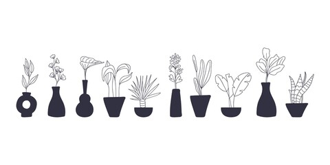 Abstract tropical leaves in vase set. Hand drawn botanical minimalist branches in black white colors boho style and pottery ceramic pots. Trendy decor modern bohemian vector illustration
