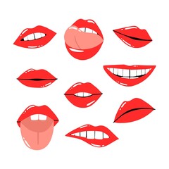 Red lips. Female sexy lipstick modern collection. Woman lip with makeup, tongue and white teeth, trendy glamour lipsticks. Shiny gloss cosmetic, hand drawn cartoon vector isolated contemporary set