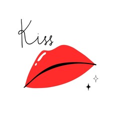 Red lips. Female sexy lipstick modern poster or card. Woman lip with makeup, kiss lettering, trendy glamour postcard. Shiny gloss cosmetic, cartoon vector isolated contemporary illustration