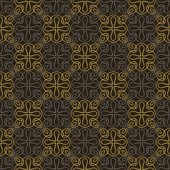 Trendy background pattern with ornate decorative ornamentation on black background, wallpaper. Seamless pattern, texture. Vector art