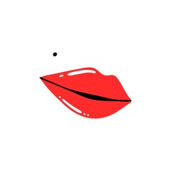 Red lips and mole. Female sexy lipstick modern poster or card. Woman lip with makeup, trendy glamour postcard. Shiny gloss cosmetic, cartoon vector isolated contemporary illustration