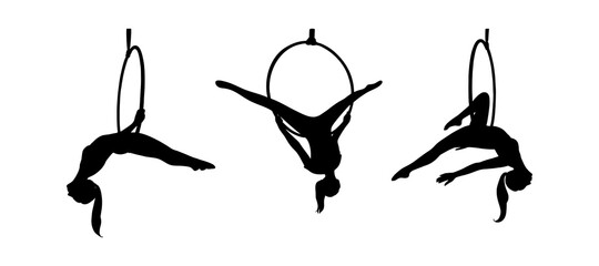 Strong acrobat in the hoop. Set of woman silhouettes in the aerial ring. Vector illustration isolated in white background - obrazy, fototapety, plakaty