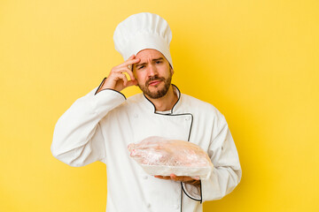 Young caucasian chef man holding chicken isolated on yellow background being shocked, she has remembered important meeting.