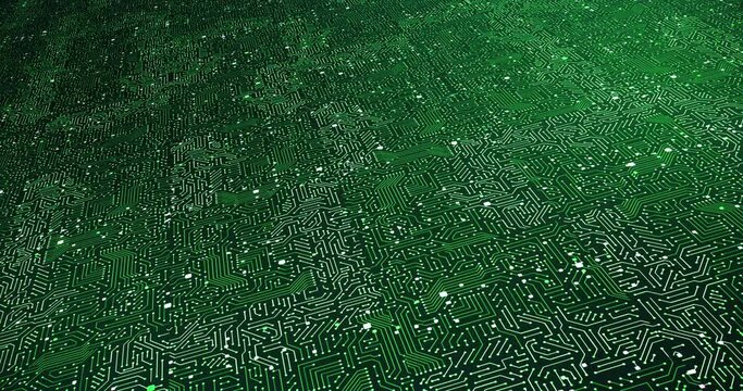 Close Up High Tech Green Circuit Board. Futuristic Technology. Computer And Technology Related 4K 3D CG Animation.