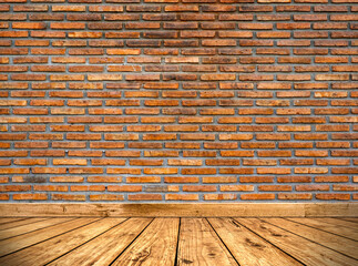 Brown brick wall texture and wood floor. Interior  concept