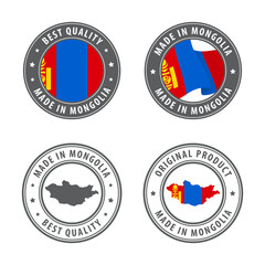 Made in Mongolia - set of labels, stamps, badges, with the Mongolia map and flag. Best quality. Original product.