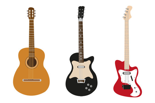 Electric guitar. Rock music instrument. Acoustic and electric guitar musical instruments for entertainment. Electrica vintage design guitare. Vector illustration.
