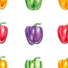 Seamless pattern with yellow and red, green peppers. On a white background. Watercolor hand drawing.
