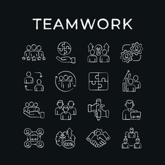 Fototapeta na wymiar Business partnership chalk icons set. Synergy, teamwork, collaboration, research, meeting. Thin line vector black and white illustration.