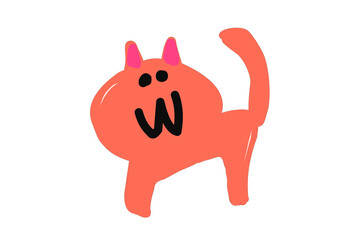 An orange cute cat in the children doodle style isolated on the white background.
