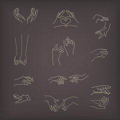 A set of silhouettes of hand poses. Vector hand-drawn illustration on a dark background