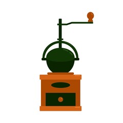 Old-fashioned coffee grinder,Vintage manual pepper mill, Burr mill for coffee beans, seasoning, spices, Classic wooden coffee grinder with handle. Vector illustration.