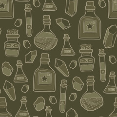 Magic seamless background. Pattern with crystals, potions and bottles. 