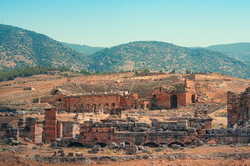Fototapeta premium Ruins of amphitheatre in ancient city Hierapolis near Pamukkale