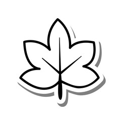 Black line cartoon maple leaf on white silhouette and gray shadow. Icon Emoji for decoration or any design. Vector illustration of nature.