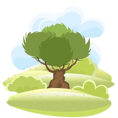 Olive tree. Green rural landscape with hills and hills. Flat cartoon style. The illustration is isolated on a white background. Vector