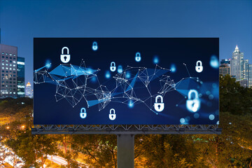 Padlock icon hologram on road billboard over panorama city view of Bangkok at night to protect business, Southeast Asia. The concept of information security shields.