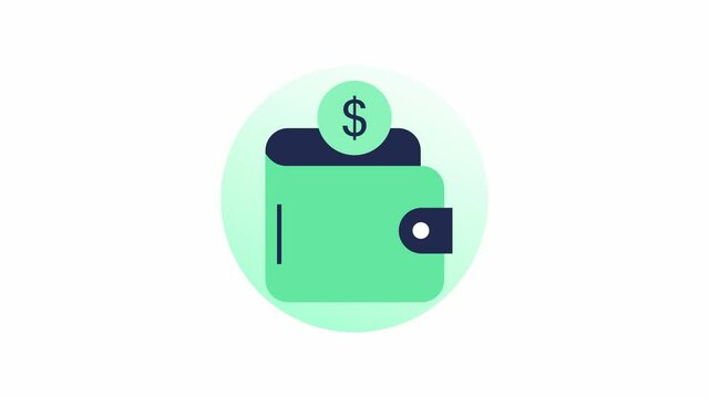 Simple animated wallet in round with lifting coin. Money and finance concetual icon video clip. Shape animation.