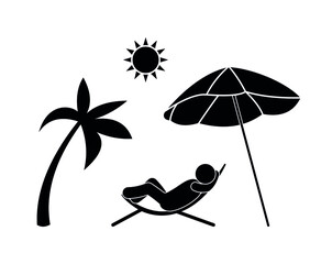 man resting on the beach in a sun lounger, tropical resort vector illustration, stick man icon