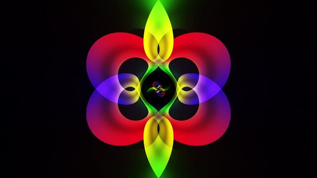 4K 3D seamless loop animation of colorful neon fractal art transformation, abstract background with glowing hypnotic shape, looped intro.  Motion design template dynamic composition transition.