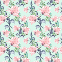 Fototapeta premium Watercolor pink romantic flower seamless pattern. Transparent blooming elegant flower.