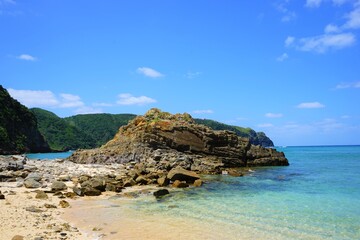 Beautiful summer scenery. calm waves on the blue water. Yuhina Beach in Zamami island, Okinawa, Japan - 日本 沖縄 座間味島 ユヒナ 海岸 