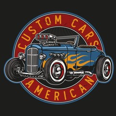 American custom car round emblem - obrazy, fototapety, plakaty