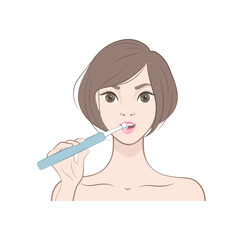 Beautiful young  Japanese woman with toothbrush isolated on the white background. Vector illustration in cartoon style
