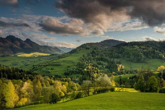 Z&aacute;zriva and view to meadows during sunset. This village is located close to city Zilina. 