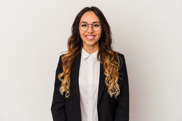 Young mexican business woman isolated on white background happy, smiling and cheerful.